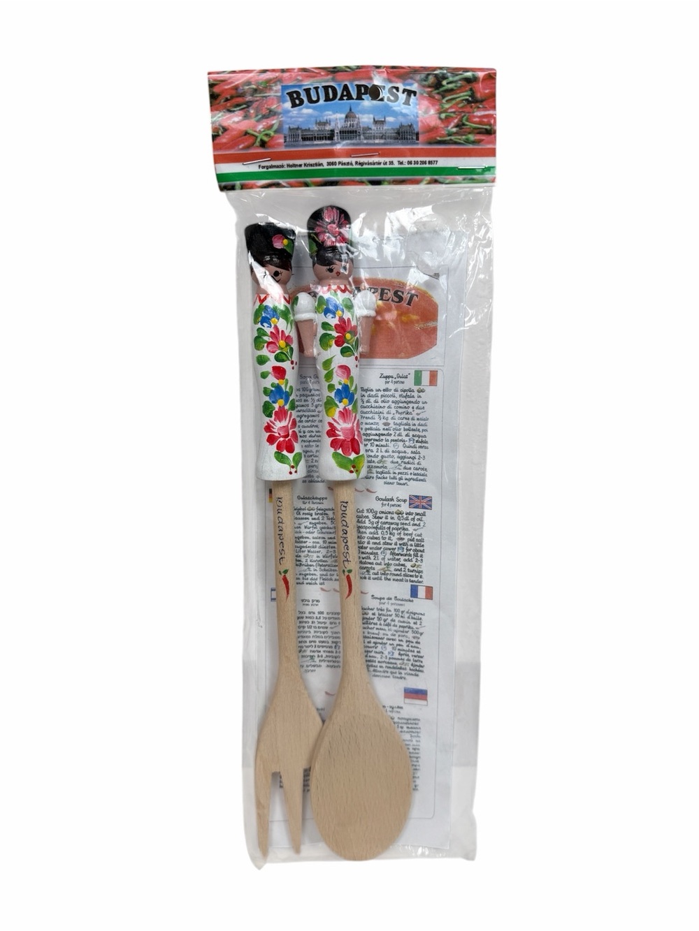 Vintage Budapest Wooden Folk Art Utensil Set Hand Painted Souvenir Kitchen Decor